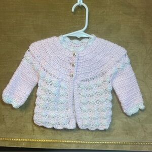 Handcrafted Crocheted Baby Cardigan Sweater Baseball Buttons Pink